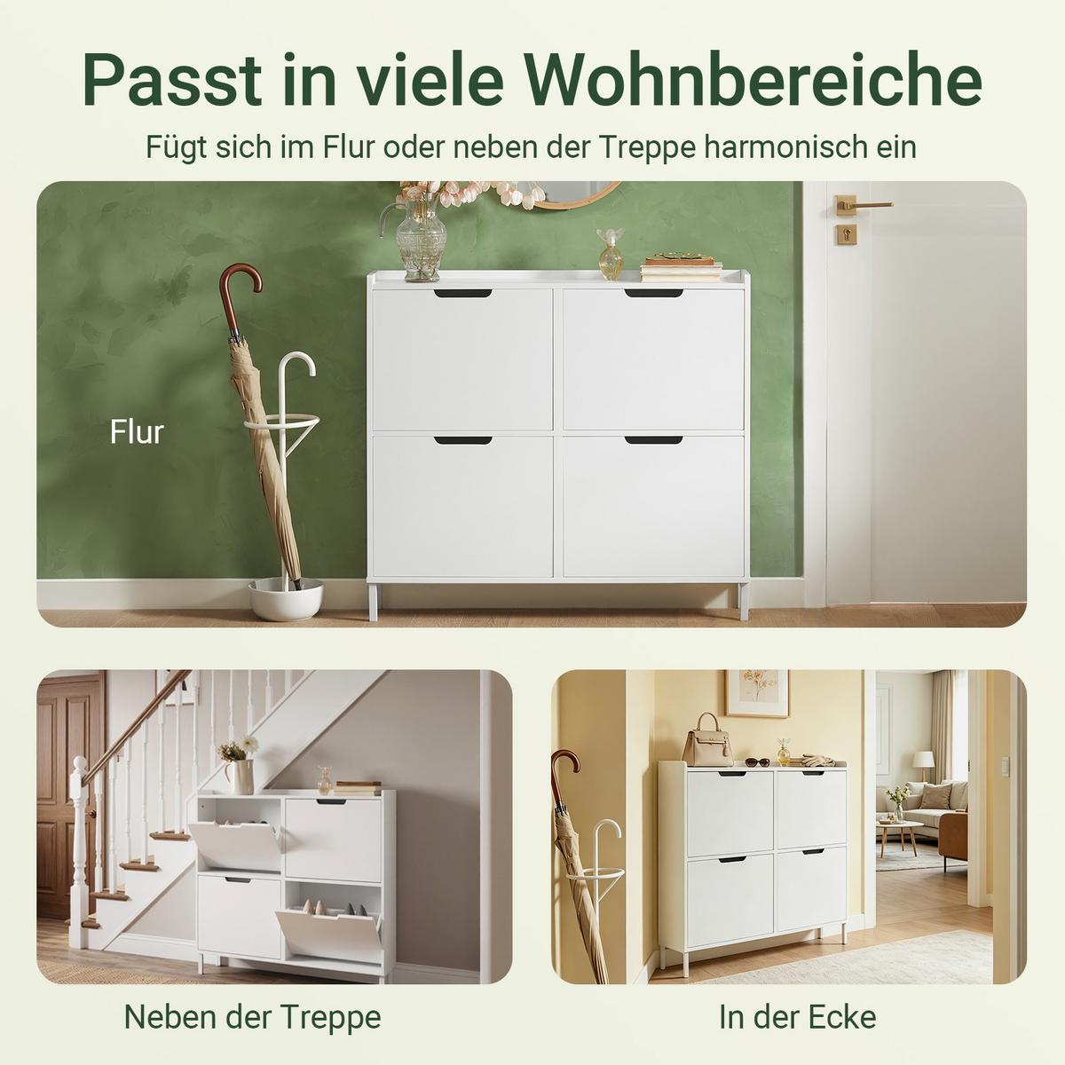 SCHUHKIPPER mit 4 Klappen, schmaler Schuhschrank Weiß, 100x91x19 cm, nur 19 cm tief, skandinavisch, Flur & Diele, - Weiß, Holzwerkstoff/Metall (100/91/19cm) - SoBuy