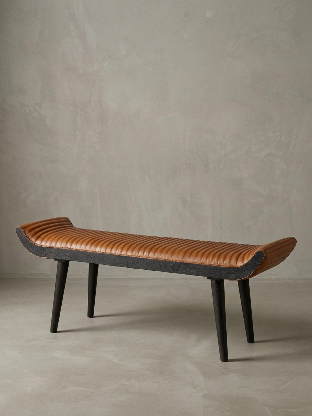 SITZBANK – Echtleder, 125x51x38 cm, Nietenrand, Massivholzbeine - Schwarz/Braun, Mangoholz/Leder (125/51/38cm) - KADIMA DESIGN