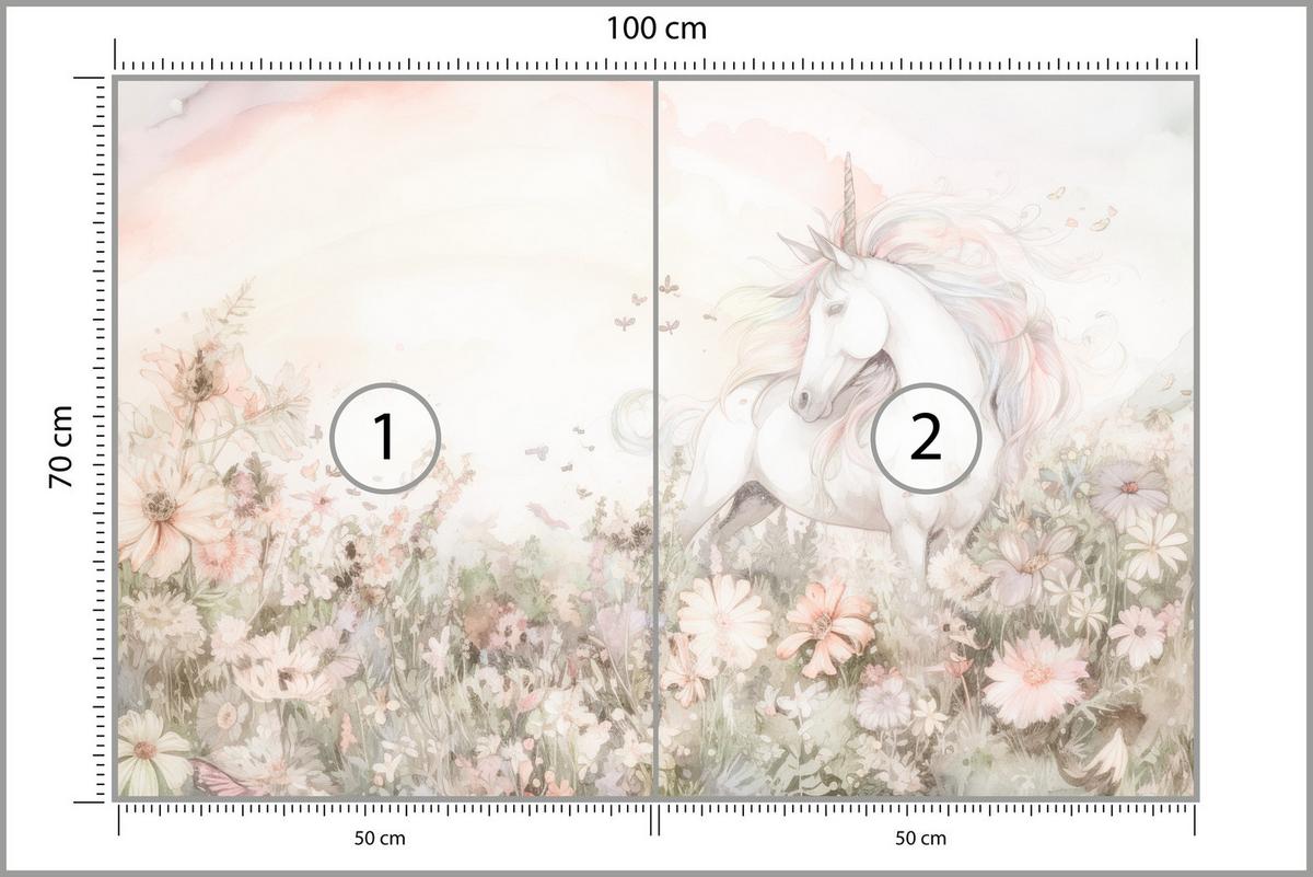 FOTOTAPETE für Kinder Einhorn Blumen Aquarell 100x70 - Gelb/Beige, Papier (100/70cm) - Muralo