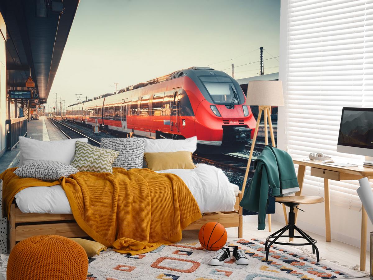 FOTOTAPETE für Wohnzimmer Moderner Roter Zug Bahnhof Geleise 250x175 - Rot/Braun, Papier (250/175cm) - Muralo