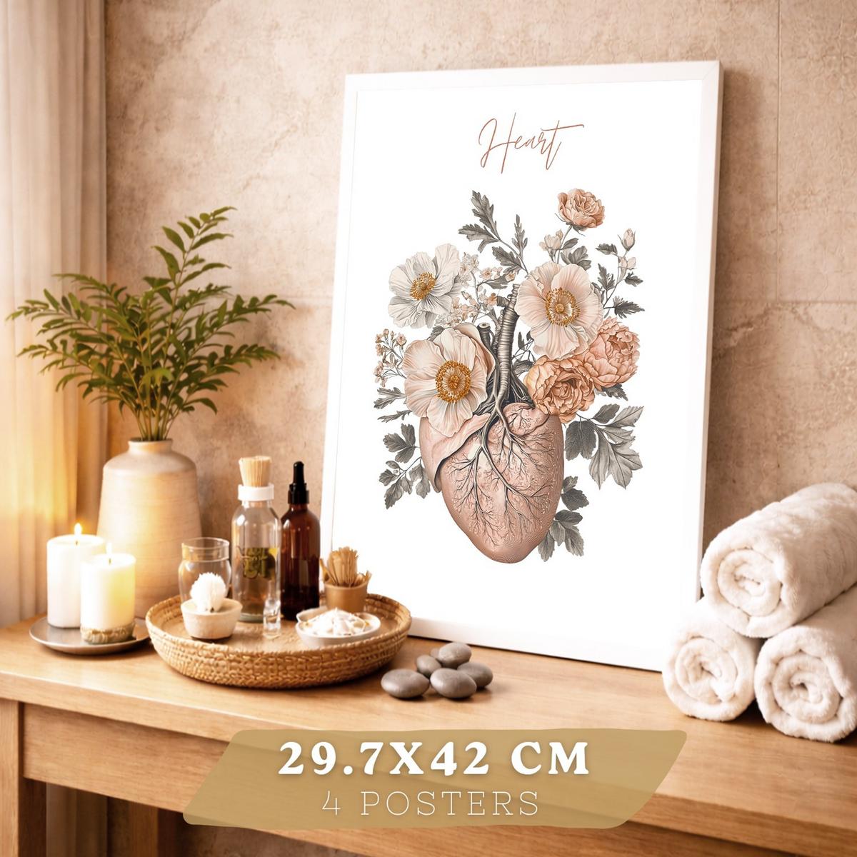 POSTER Set aus 4 Anatomie Mensch Florale Drucke und Wandbilder mit Herz Lungen Skelett und Schädel Stil Wanddekoration Größe Weißer Rahmen A3 - Weiß, Papier (29.7/42/3cm) - Nacnic
