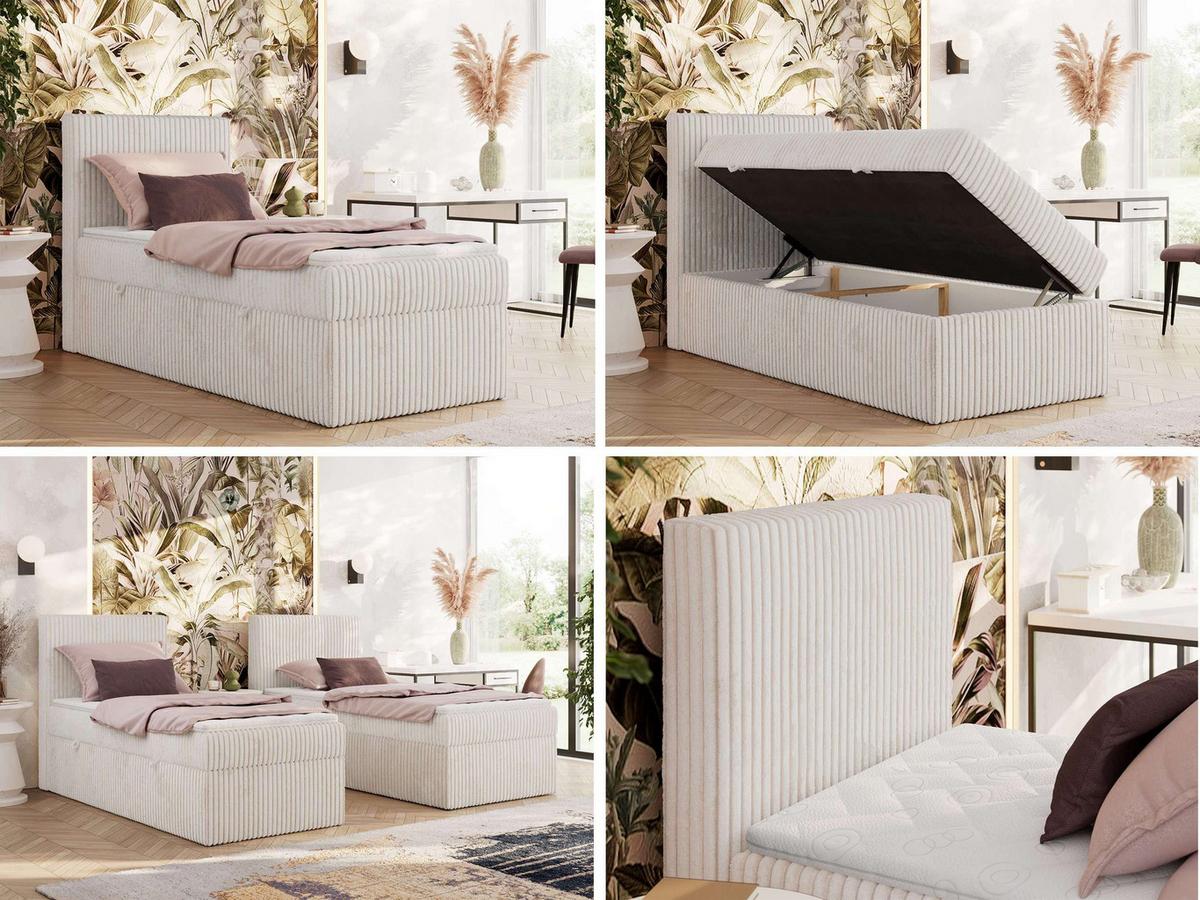 BOXBETT TILIANO 90/200 - Beige Cord - H4 - Visco Topper - Links - Beige, Textil (90/200cm) - MKS