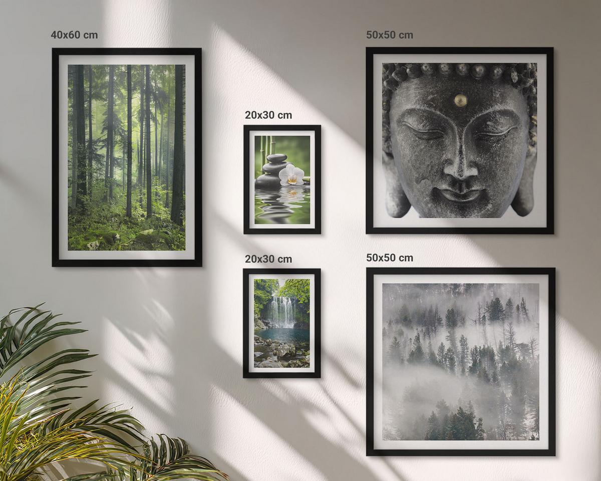 BILDER SET 5er Set - 50x50 cm & 20x30 cm & 40x60 cm Schwarzer Rahmen - Harmonie der Natur, Steine, Wasser, Buddha - Schwarz, Kunststoff (40/60cm) - TULUP