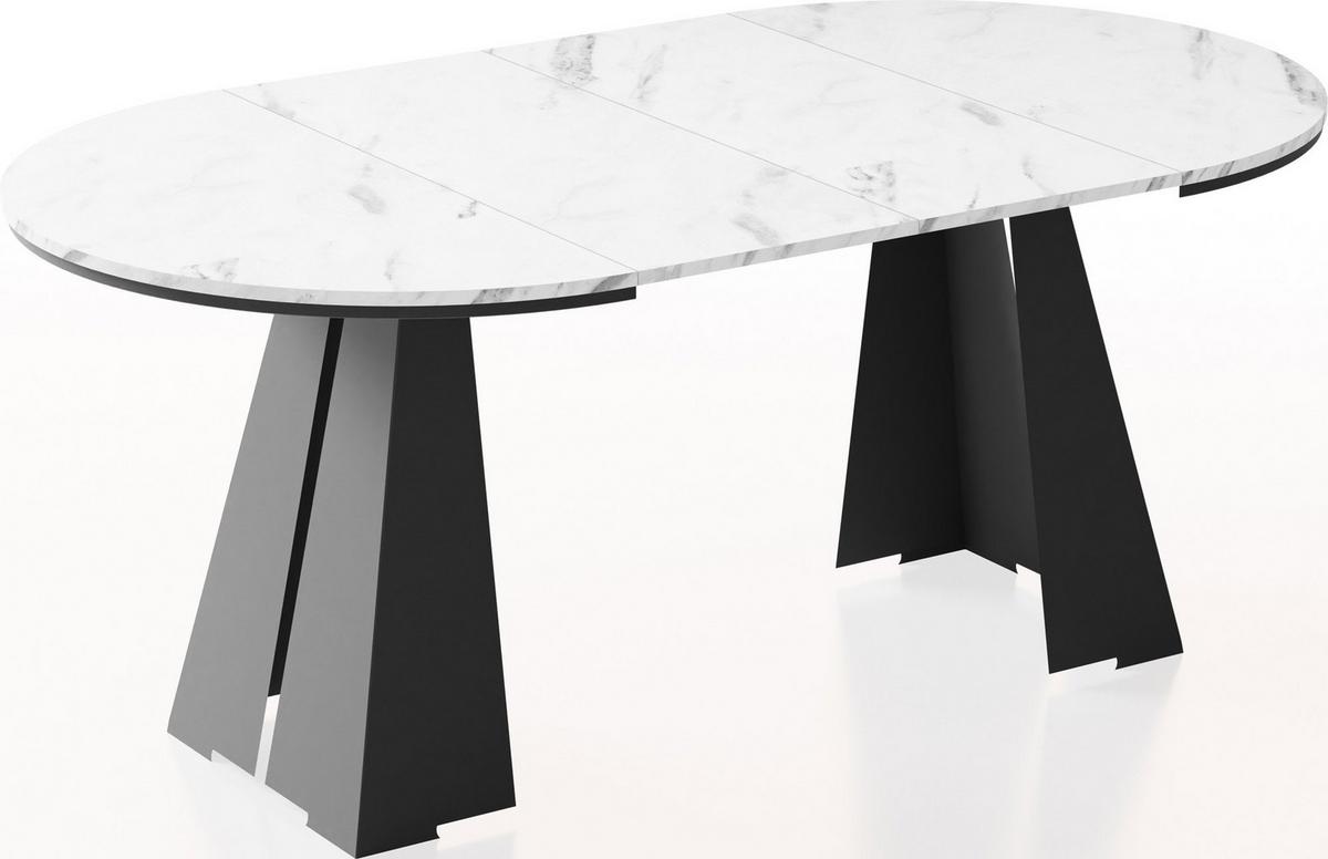 ESSTISCH Kova runder ausziehbarer, Marmor Weiß 120-200/120/76 cm - Ecru/Schwarz, Holzwerkstoff/Metall (120/196/76cm) - WFL GROUP