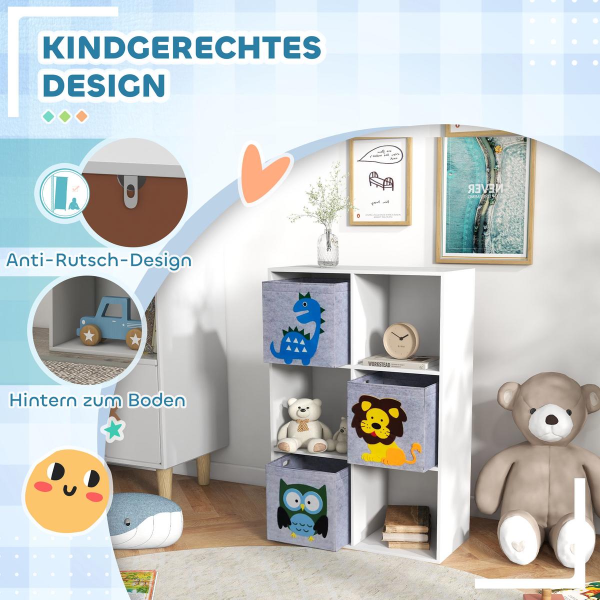 KINDERREGAL Kinder Bücherregal mit 3 Aufbewahrungsboxen für Kinderzimmer Weiß - Weiß, Holzwerkstoff (29.9/91.5/61.8cm) - ZONEKIZ