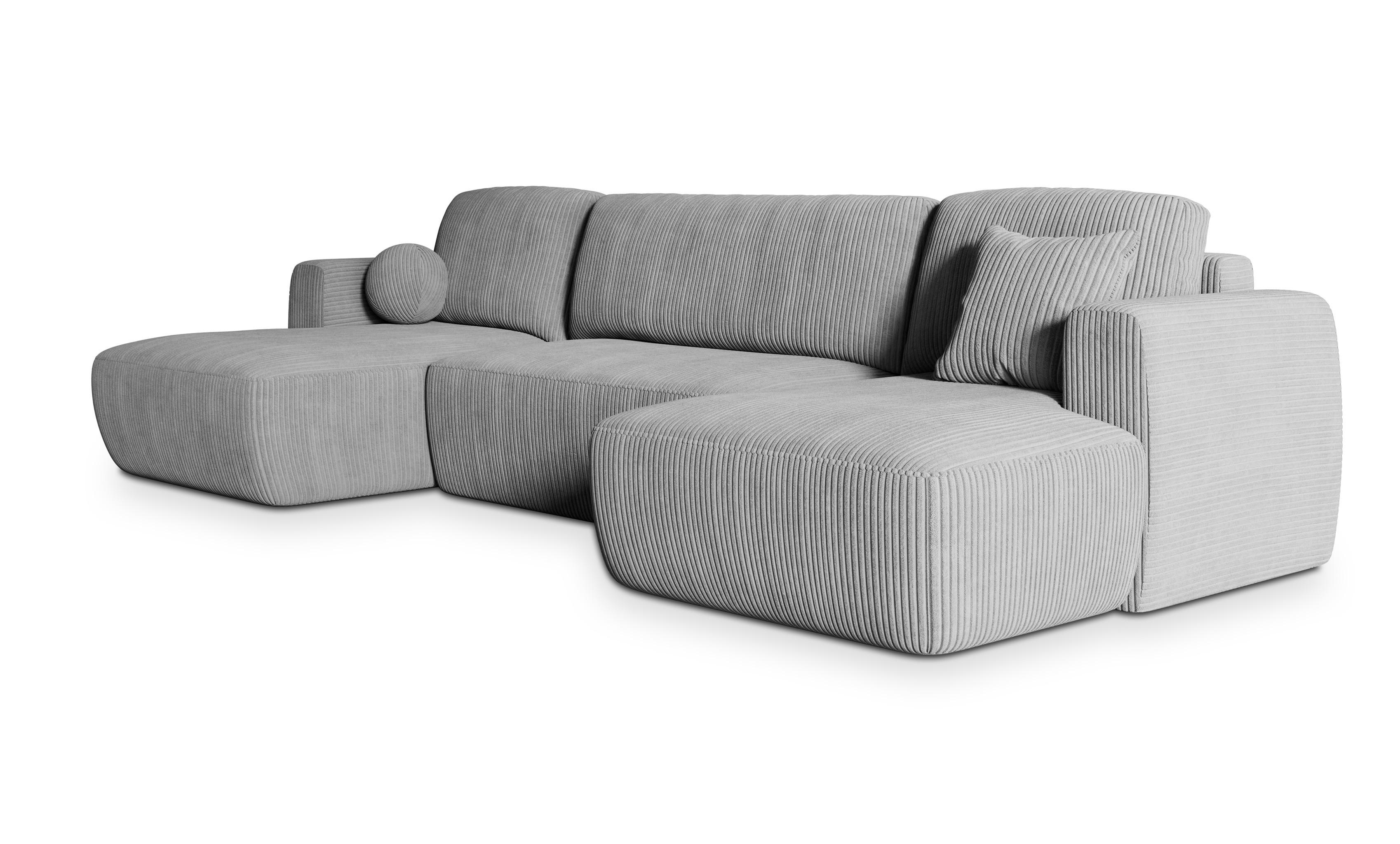 WOHNLANDSCHAFT SENTUM P Hellgrau Kordstoff mit Schlaffunktion - Hellgrau/Schwarz, Holz/Kunststoff (330/90/148cm) - MASSENO