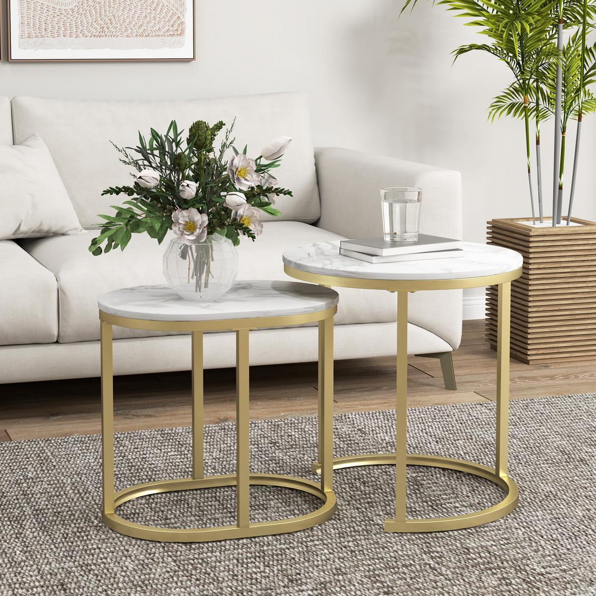 COUCHTISCH rund 2er Set Stapelbarer Beistelltisch mit Stahlrahmen für Wohnzimmer - Weiß, Holzwerkstoff (50/50/50.5cm) - HOMCOM