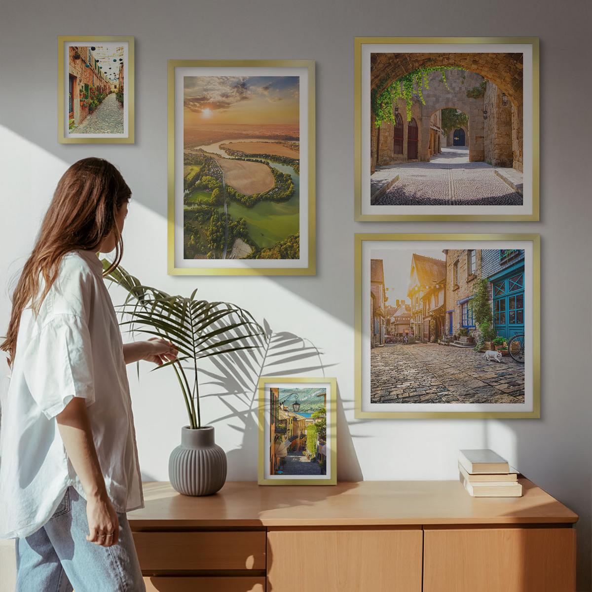BILDER SET 5er Set - 50x50 cm & 20x30 cm & 40x60 cm Goldrahmen - Sommerlandschaften im Boho-Stil - Goldfarben, Kunststoff (40/60cm) - TULUP