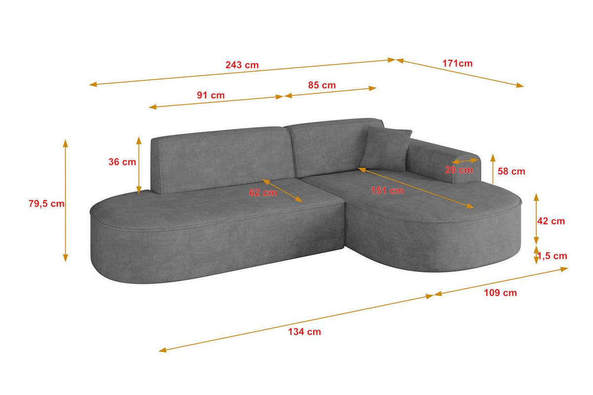 ECKSOFA Ottomane Rechts MARI-L1 - 243x171x79 cm Grau Velours - Schwarz/Grau, Holzwerkstoff/Kunststoff (171/243cm) - ALTDECOR