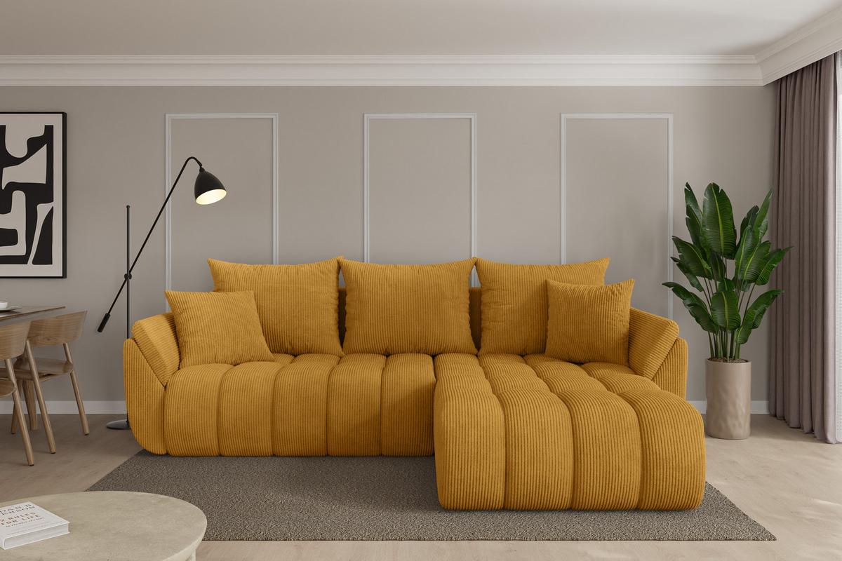 ECKSOFA mit Schlaffunktion Ottomane Rechts TOKO-L-v1 277x194x86 Senfgelb Cord - Dunkelgelb/Schwarz, Holzwerkstoff/Kunststoff (277/194cm) - ALTDECOR