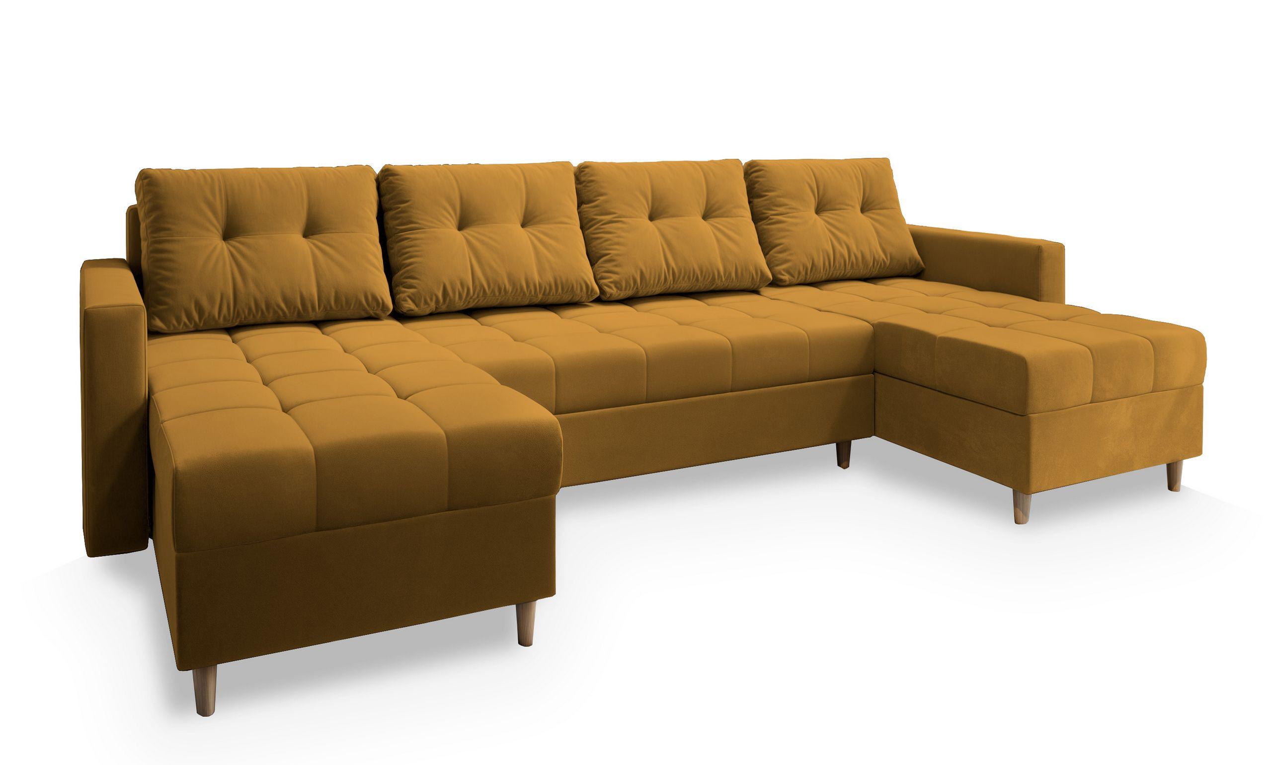 WOHNLANDSCHAFT MILO U Gelb Plüsch-Stoff mit Schlaffunktion - Gelb/Braun, Holz/Textil (285/91/140cm) - MASSENO