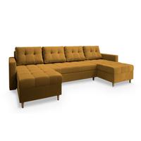 WOHNLANDSCHAFT MILO U Gelb Plüsch-Stoff mit Schlaffunktion - Gelb/Braun, Holz/Textil (285/91/140cm) - MASSENO