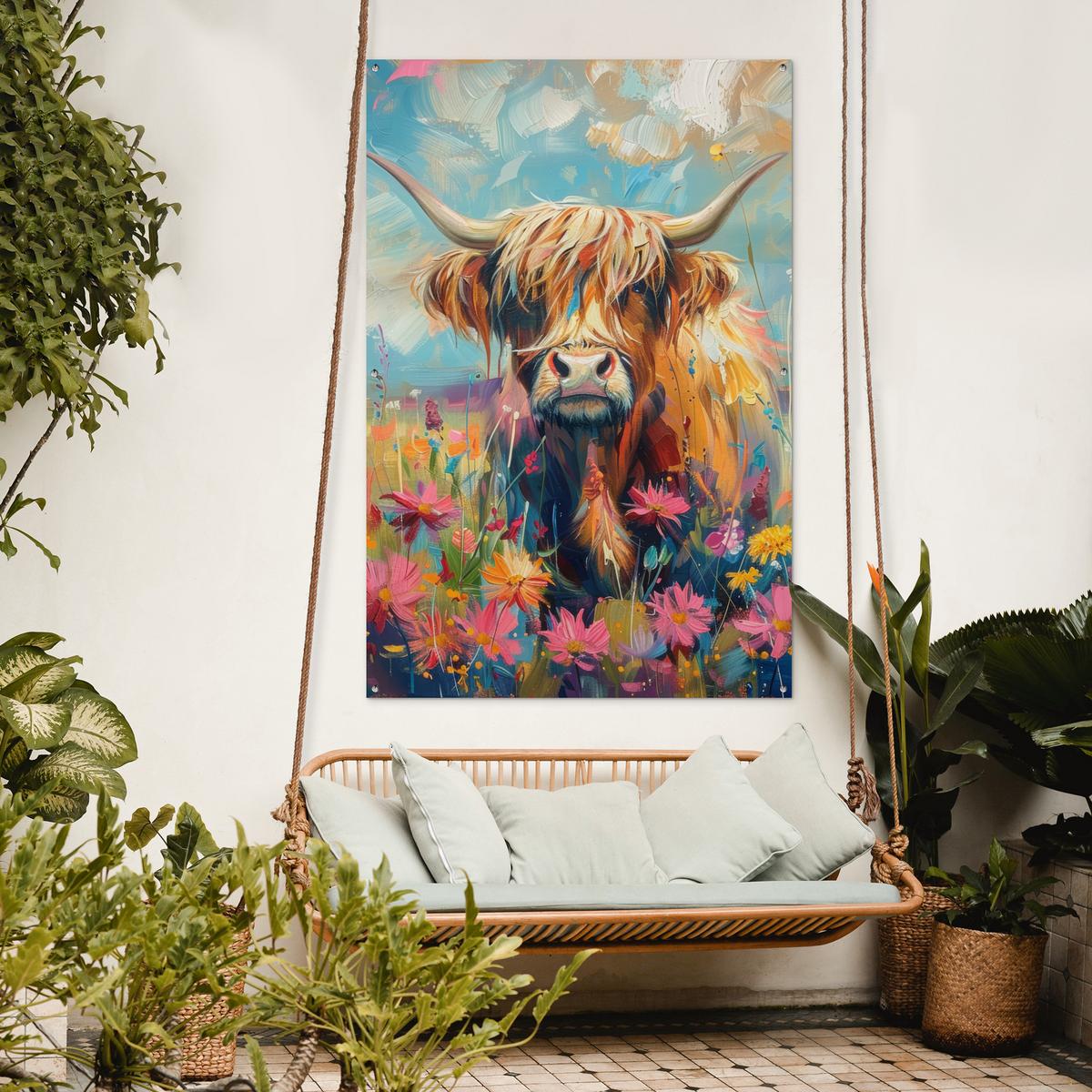 GARTENPOSTER Schottische Hochländer - Natur - Farbenfroh - Blumen Bild 120x180 cm - Hellblau, Kunststoff (120/180/0.2cm) - OnlyWow