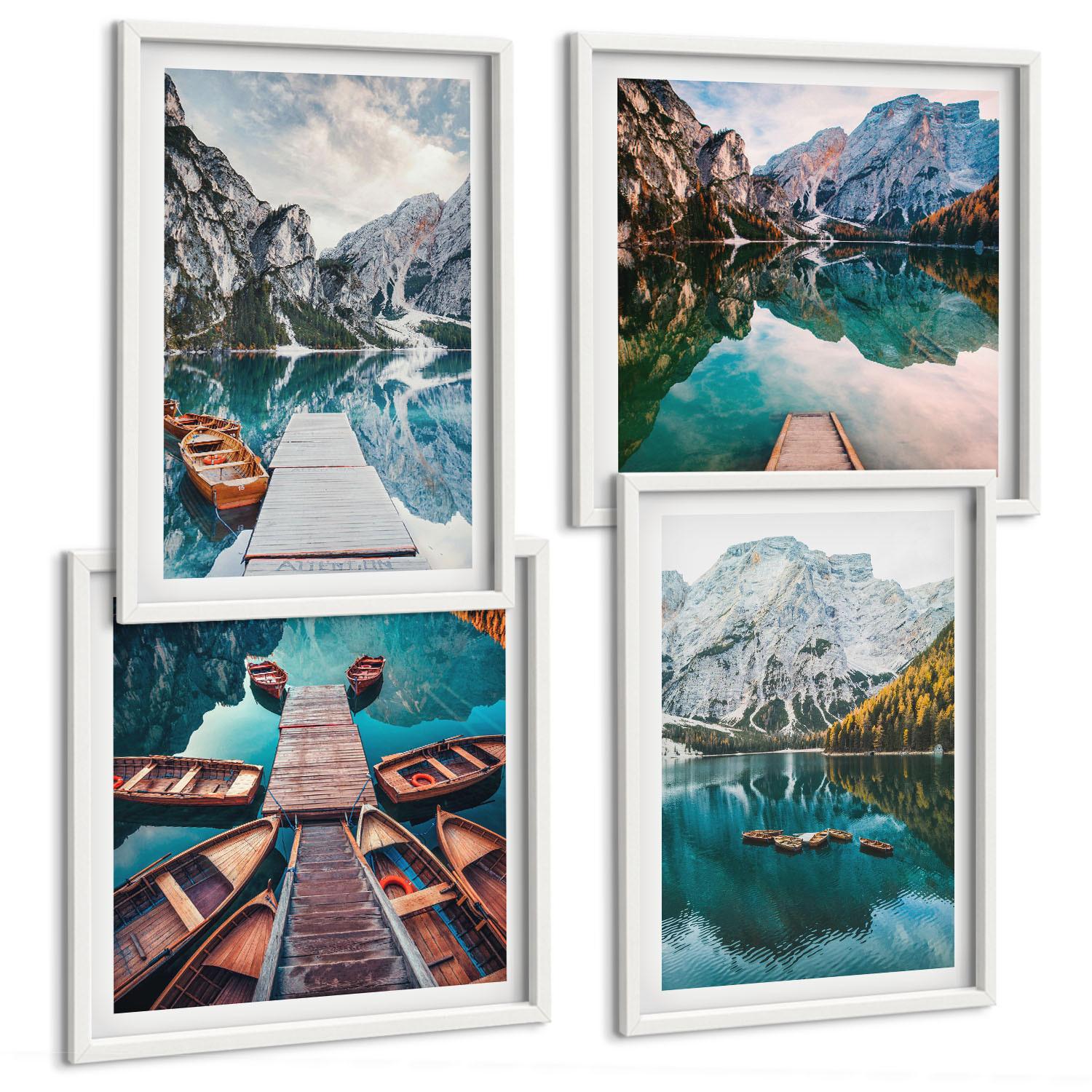 BILDER SET 4er Set - 50x50 cm & 40x60 cm Weißer Rahmen - See, Brücken, Berge - Weiß, Kunststoff (50/50cm) - TULUP