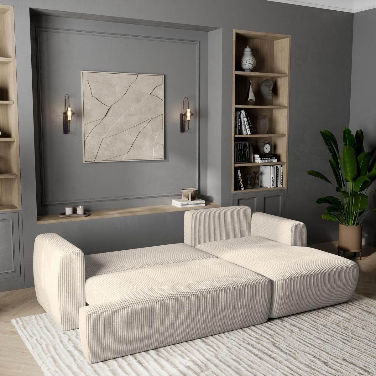 ECKSOFA SENTI P R-S Creme Kordstoff mit Schlaffunktion - Creme/Schwarz, Holz/Kunststoff (246/148cm) - MASSENO