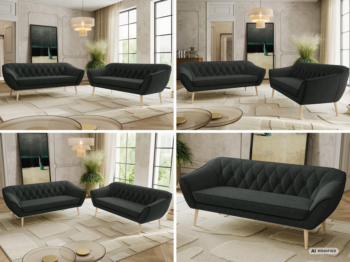 SITZGARNITUR PIRS 3+3 - Dunkelgrau Strukture - Holzbeine - Dunkelgrau/Buchefarben, Holzwerkstoff/Textil (180/75/74cm) - MKS