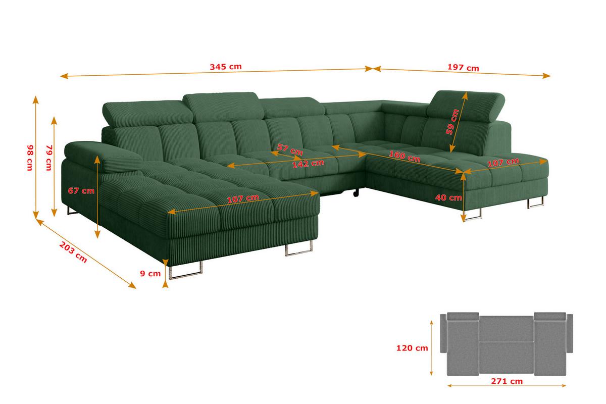 WOHNLANDSCHAFT mit Schlaffunktion und Bettkasten Ottomane RECHTS COMA U 345x203x79 Grün Cord - Waldgrün, Holzwerkstoff/Textil (203/79/345cm) - ALTDECOR