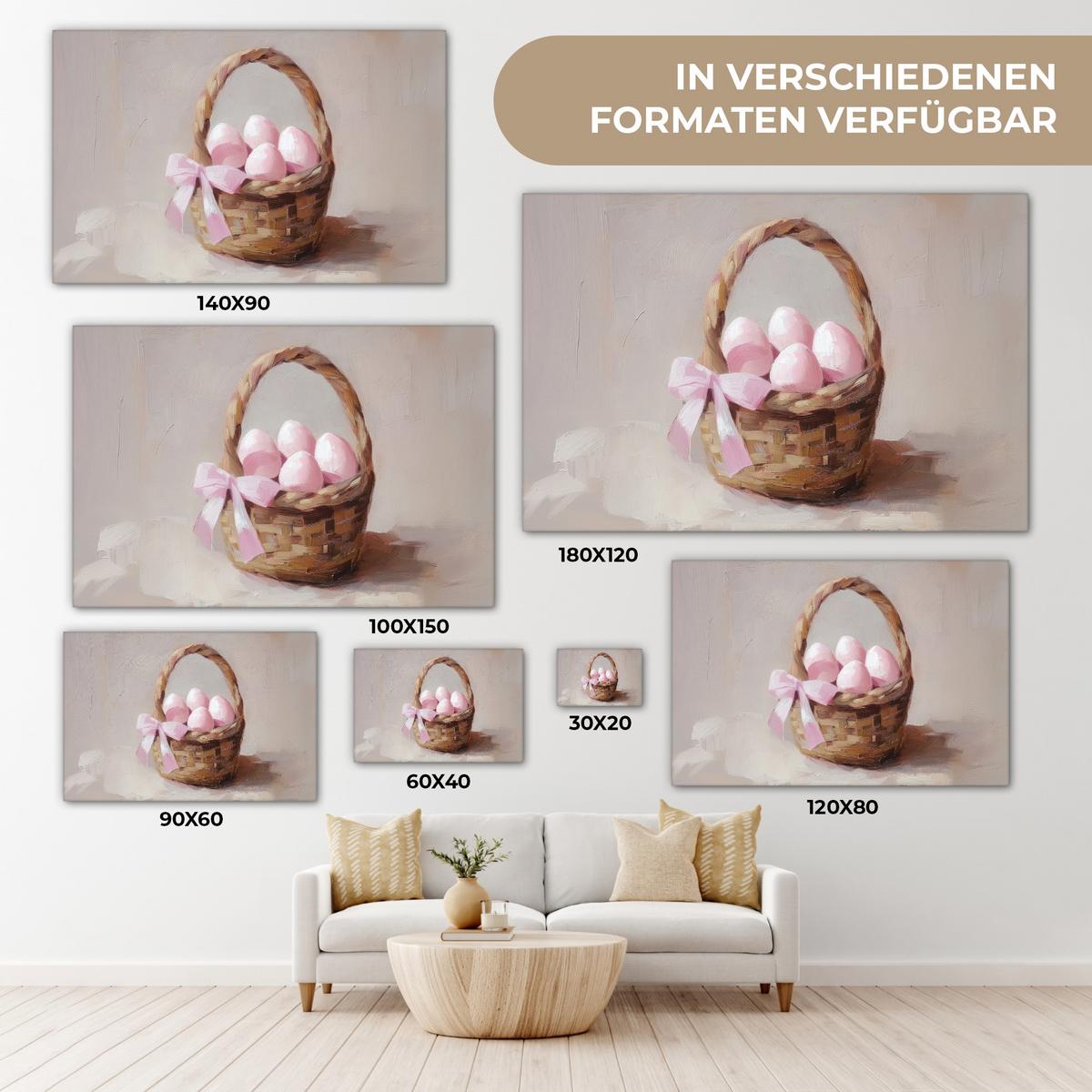 LEINWANDBILD Korb - Eier - Rosa XXL 150x100 cm - Beige, Textil (150/100cm) - MuchoWow