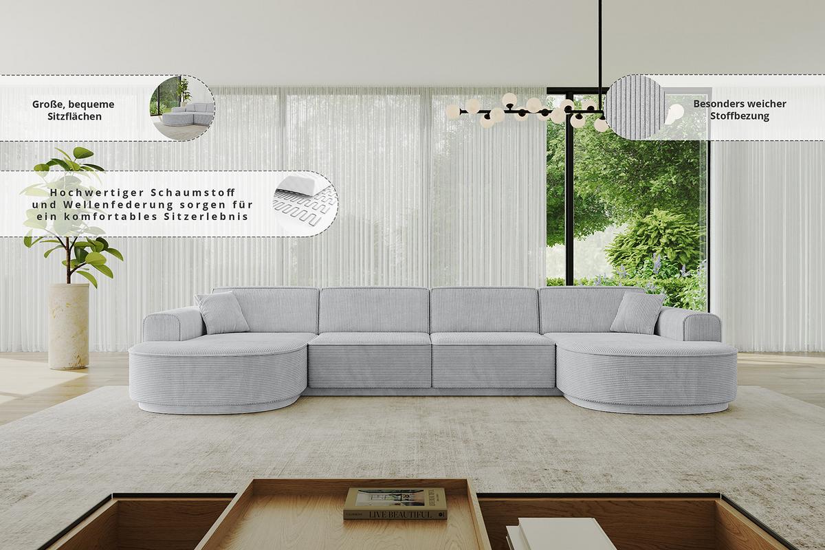 WOHNLANDSCHAFT MARI-U2-v3 - 388x171x83 cm Grau Velours - Schwarz/Grau, Holzwerkstoff/Kunststoff (388/83/171cm) - ALTDECOR