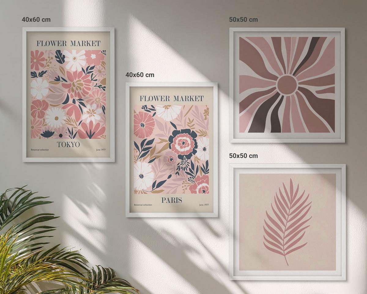 BILDER SET 4er Set - 50x50 cm & 40x60 cm Weißer Rahmen - Blumenmuster, Blätter, Geometrie - Weiß, Kunststoff (50/50cm) - TULUP