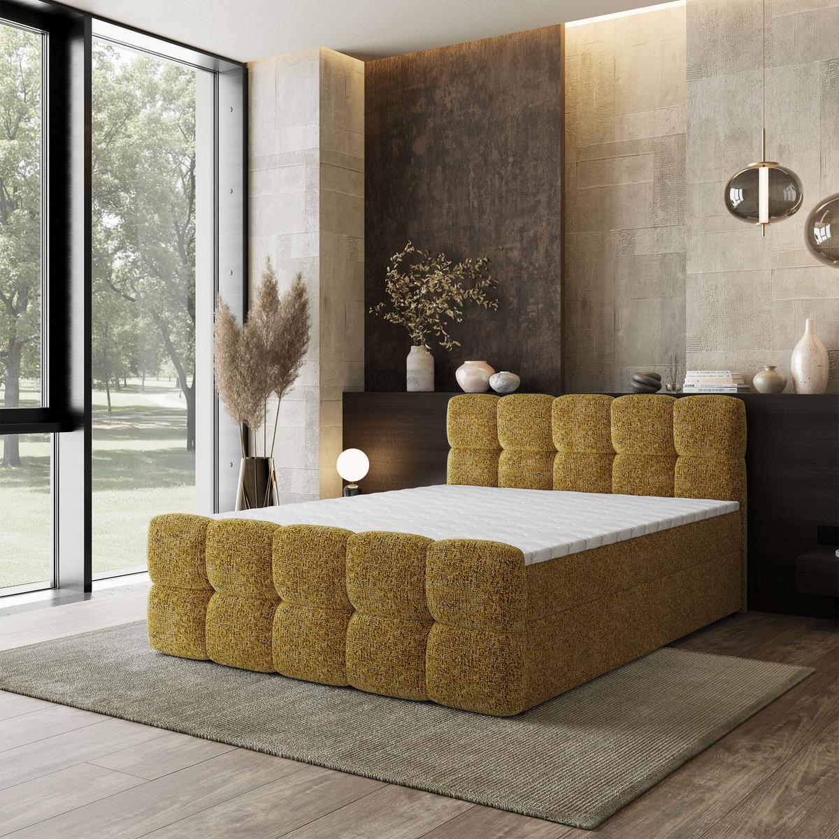 BOXBETT BRUME 180x200 cm mit Matratze und Topper, H2+H3 - Gelb - Gelb, Holz (180/200cm) - MASSENO