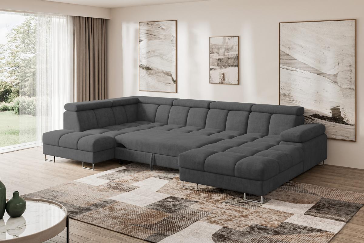 WOHNLANDSCHAFT mit Schlaffunktion und Bettkasten Ottomane Links COMA U 345x203x79 Dunkelgrau Velours - Dunkelgrau, Holzwerkstoff/Textil (345/79/203cm) - ALTDECOR
