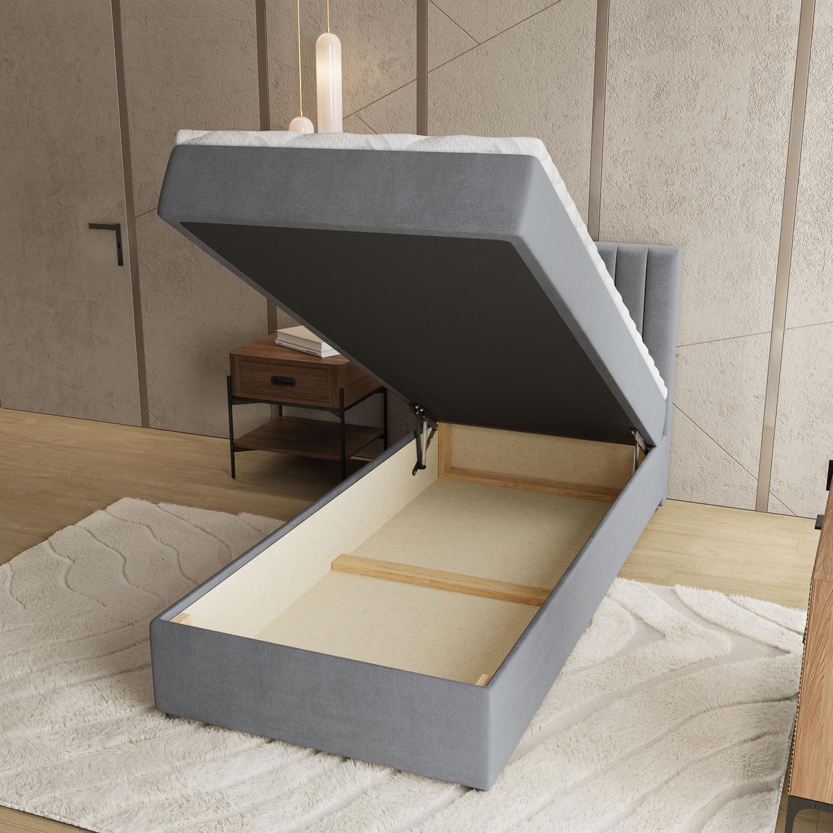 BOXBETT BRESEL 90 90x200 cm mit Matratze und Topper, H2+H3 - Grau - Grau, Holz (90/200cm) - MASSENO