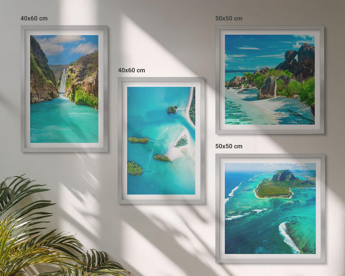BILDER SET 4er Set - 50x50 cm & 40x60 cm Silberner Rahmen - Tropische türkisfarbene Inseln - Silberfarben, Kunststoff (50/50cm) - TULUP