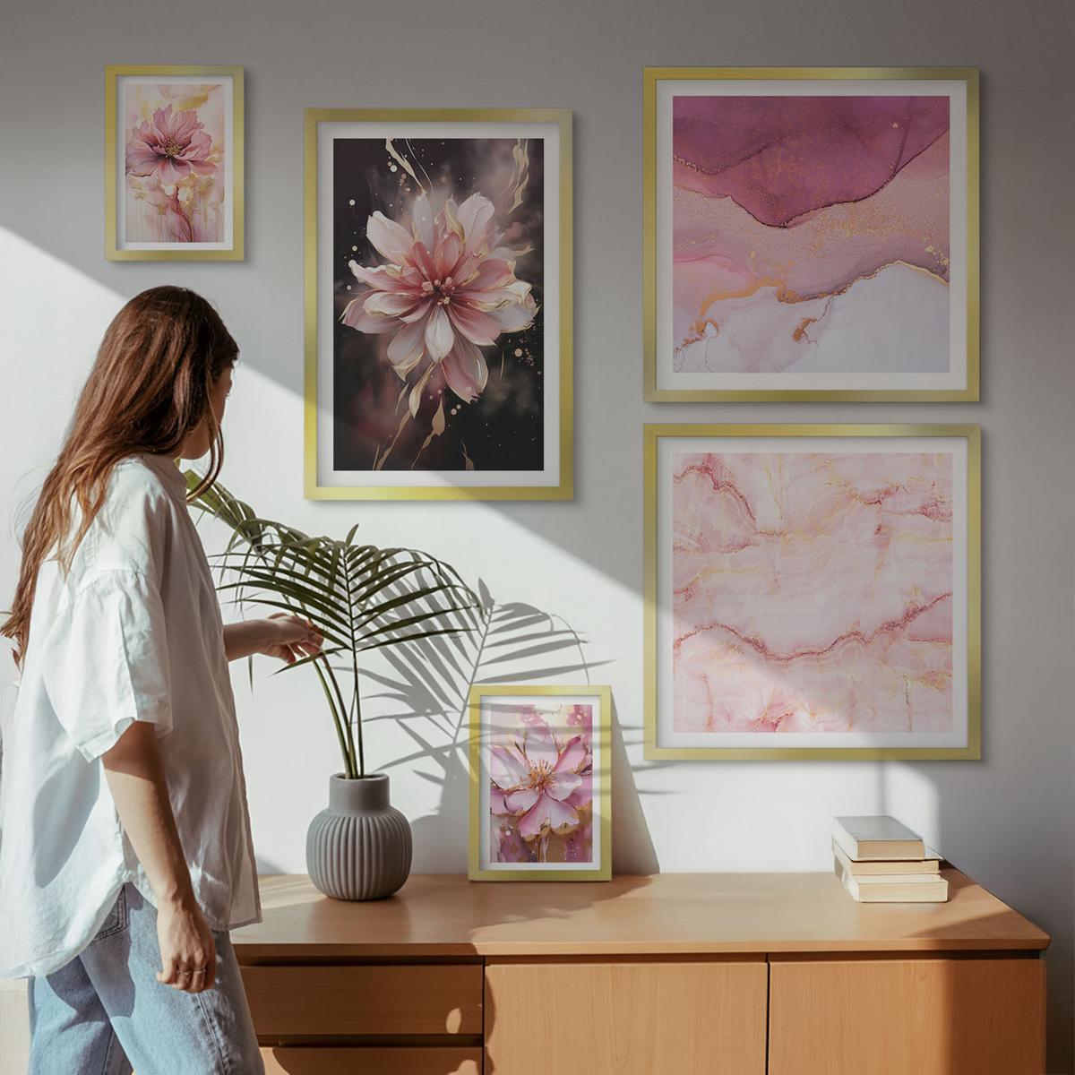 BILDER SET 5er Set - 50x50 cm & 20x30 cm & 40x60 cm Goldrahmen - Waldlandschaften der Wildnis - Goldfarben, Kunststoff (40/60cm) - TULUP