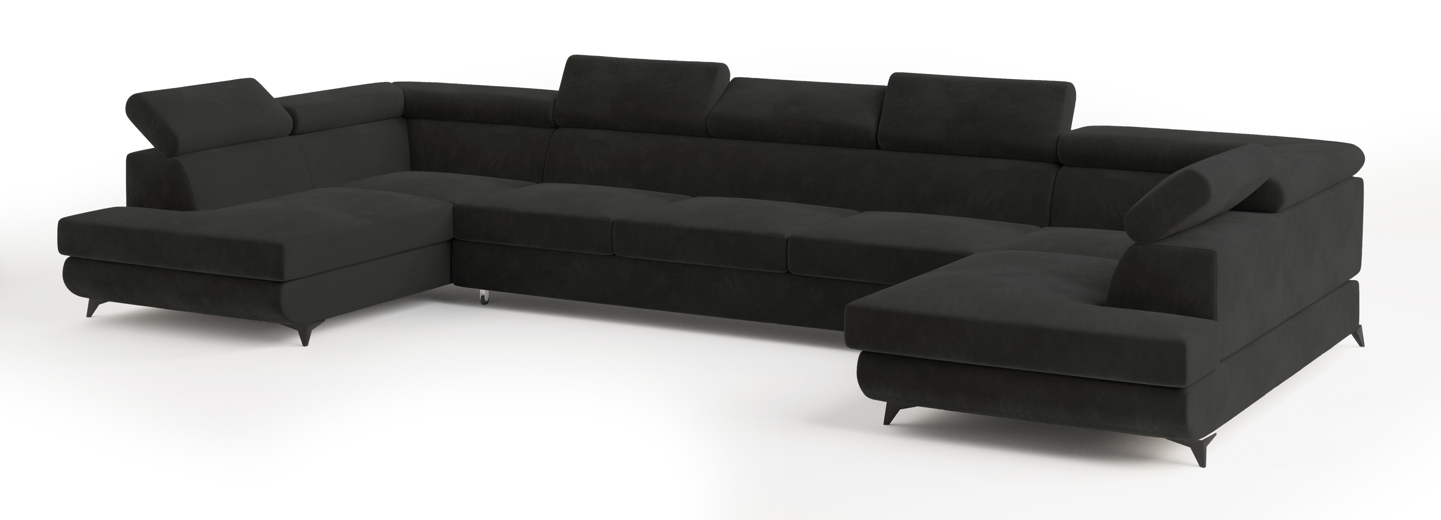 WOHNLANDSCHAFT URMANO Schwarz Velours-Stoff mit Schlaffunktion - Schwarz, Holz (395/89/190cm) - MASSENO