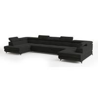 WOHNLANDSCHAFT URMANO Schwarz Velours-Stoff mit Schlaffunktion - Schwarz, Holz (395/89/190cm) - MASSENO