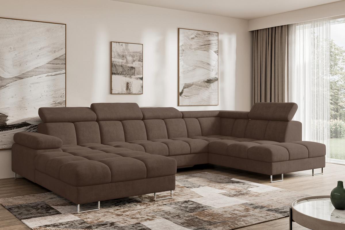 WOHNLANDSCHAFT mit Schlaffunktion und Bettkasten Ottomane RECHTS COMA U 345x203x79 Braun Velours - Braun, Holzwerkstoff/Textil (203/79/345cm) - ALTDECOR