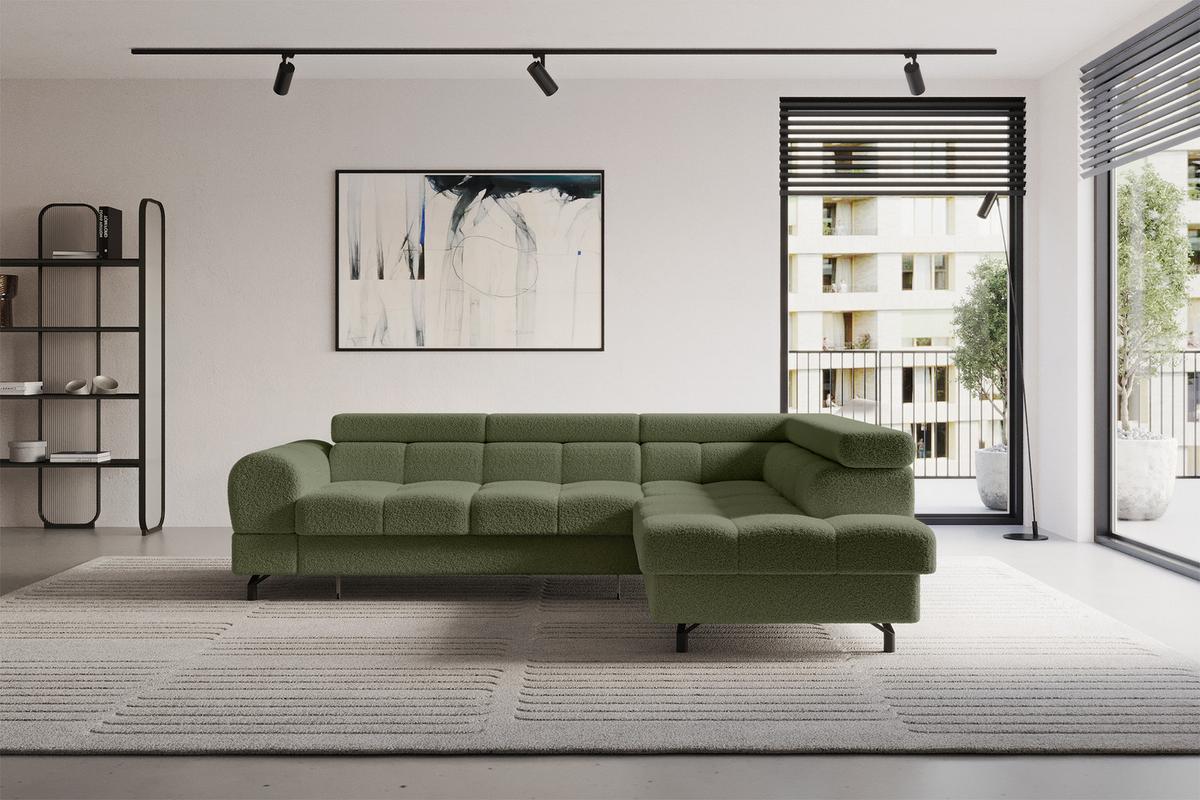ECKSOFA mit Schlaffunktion Ottomane Rechts LUMA-L 272x203x70 Grün Bouclé - Schwarz/Grün, Holzwerkstoff/Kunststoff (203/272cm) - ALTDECOR