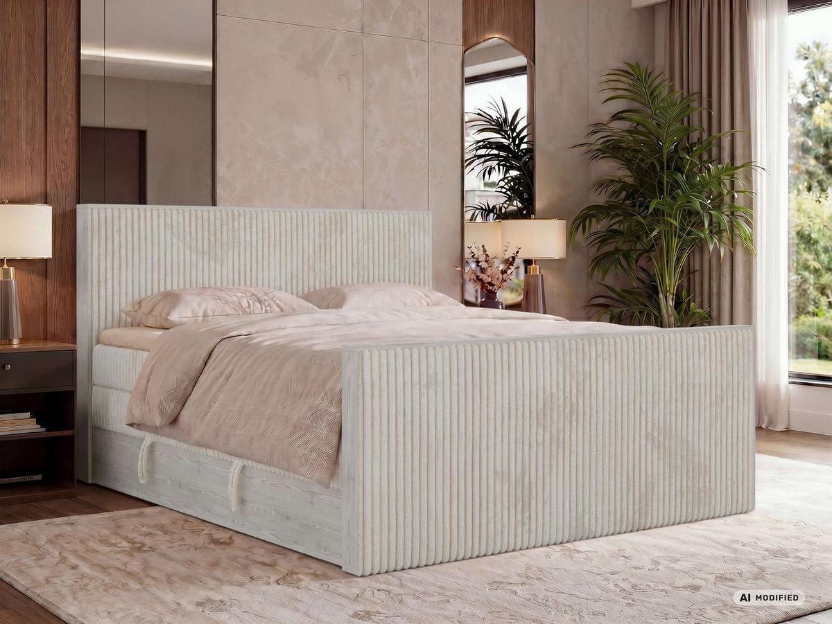 BOXSPRINGBETT NORDIC KING DUO 140/200 - Beige Cord - Topper Visco - H3 - Beige/Schwarz, Kunststoff/Textil (140/200cm) - MKS