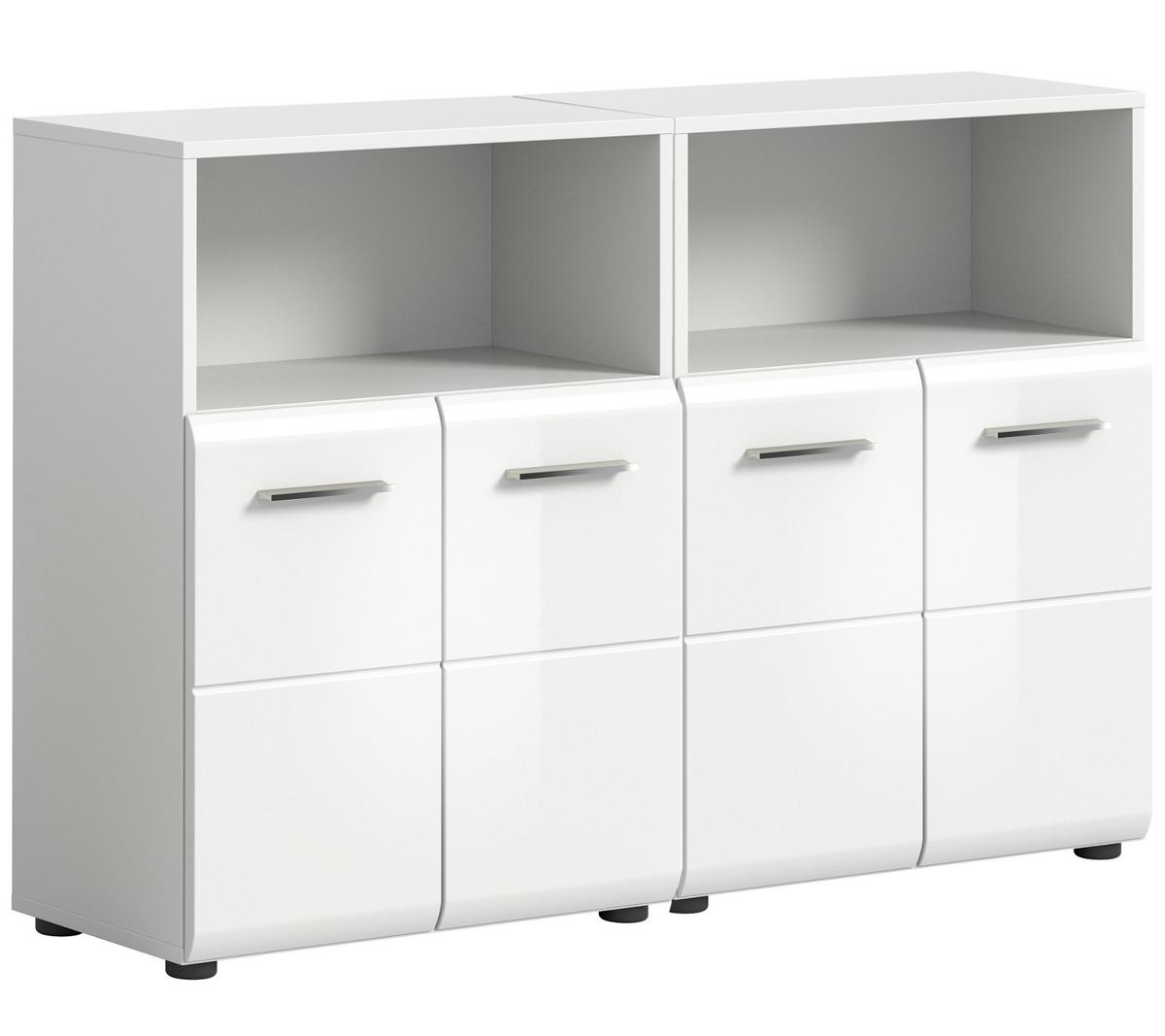 BADKOMMODE weiß Hochglanz 4-türig 120 x 106 cm, Set 2x Badezimmer Kommode - Weiß Hochglanz/Silberfarben, Holzwerkstoff/Kunststoff (120/80/30cm) - Inn.Furn