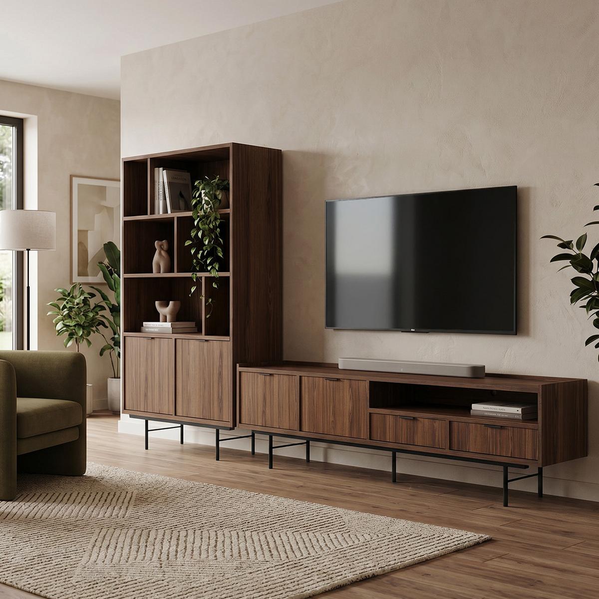 WOHNWAND Evron 2-teilig Bücherregal 90 cm + TV-Board 200 cm, Walnuss - Walnussfarben/Schwarz, Holzwerkstoff/Metall (200/185/35cm) - Beautysofa