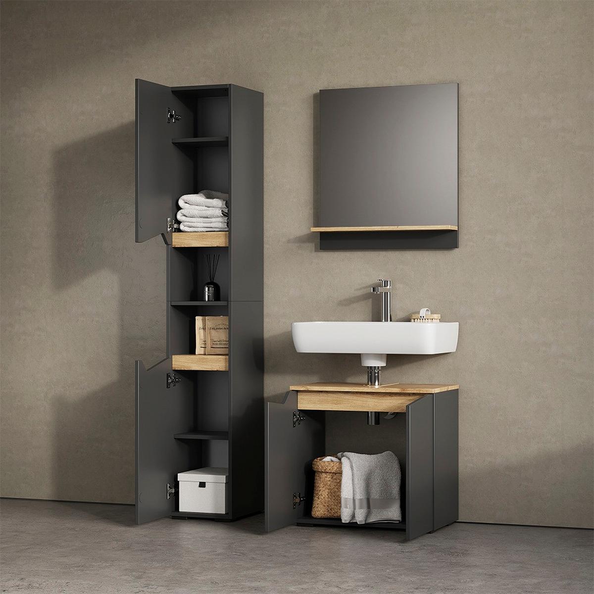 BADSPIEGEL Timavo Anthrazit 60 x 67 cm mit Regal - Anthrazit, Holzwerkstoff (60/67/14cm) - Livinity®