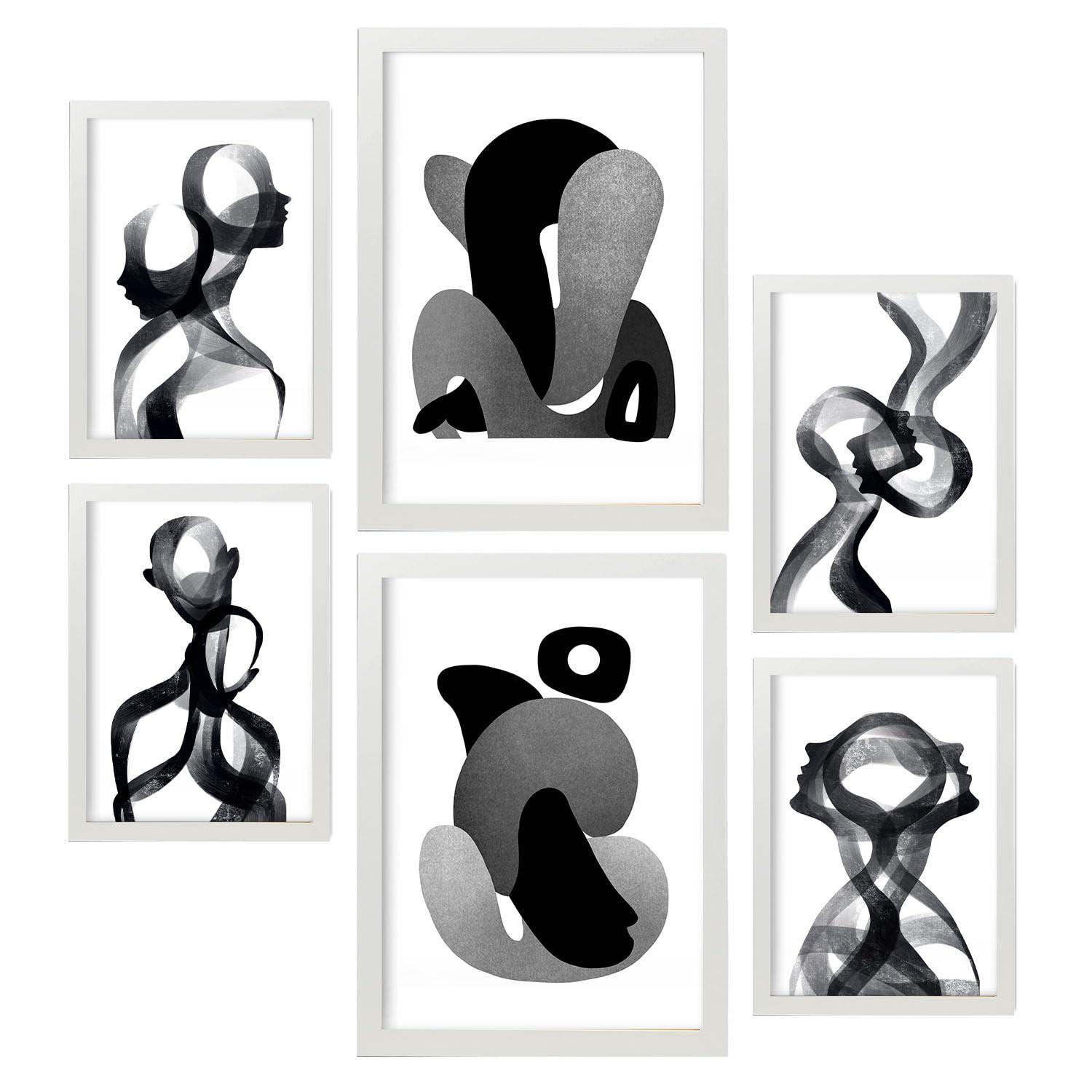 POSTER Set Mit 6 Gebogener Körper In Liebhaber Abstrakt Ästhetische Dekorative Gemälde Für Ihr Wohnzimmer, Schlafzimmer, Zuhause A3 & A4 Weißer Rahmen - Weiß, Papier (29/3cm) - Nacnic