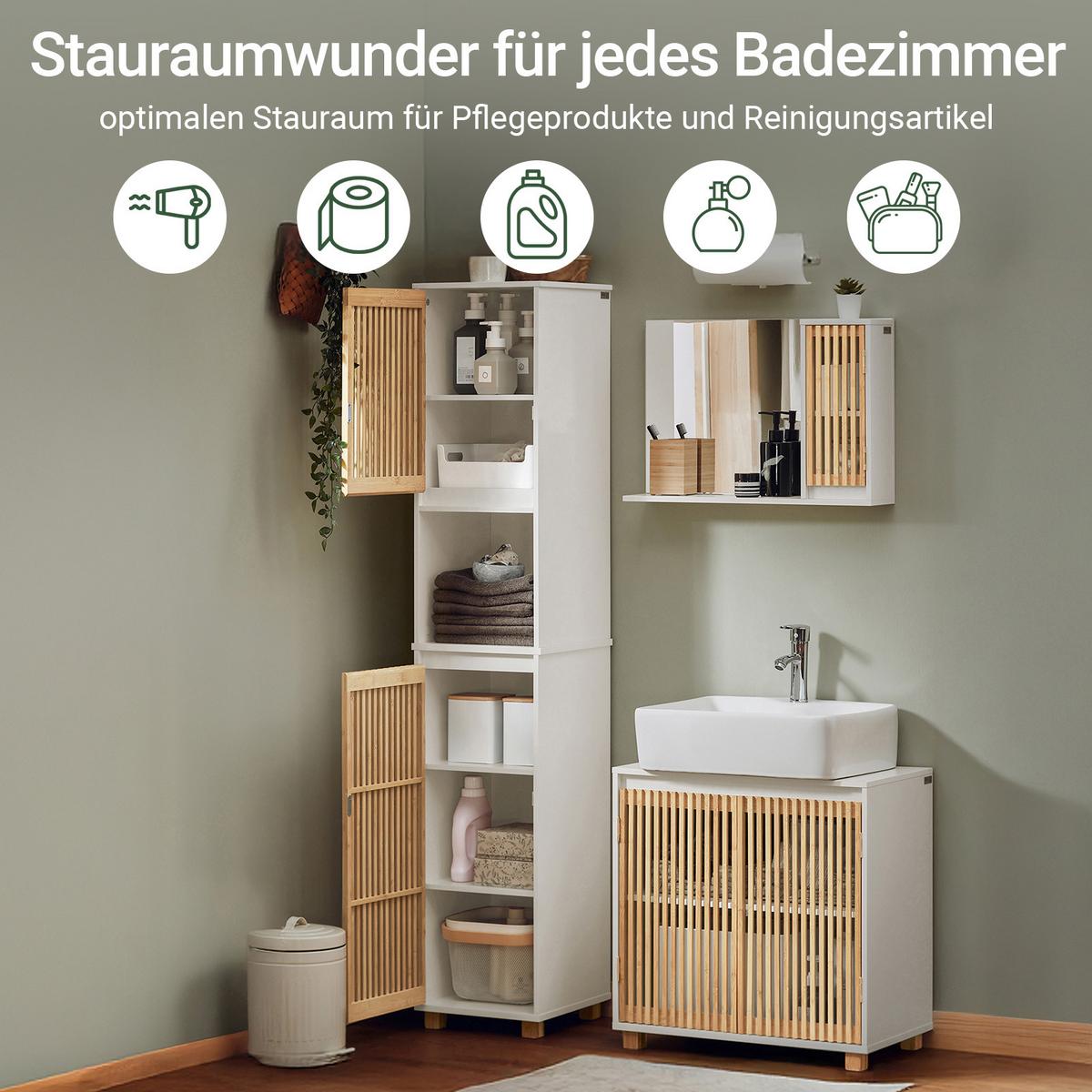 HOCHSCHRANK Weiß, Badschrank schmal mit Bambus-Massivholz-Türen, 33 x 165 cm, MDF (E1), für kleines Bad - Weiß/Naturfarben, Holz/Holzwerkstoff (33/165/33cm) - SoBuy