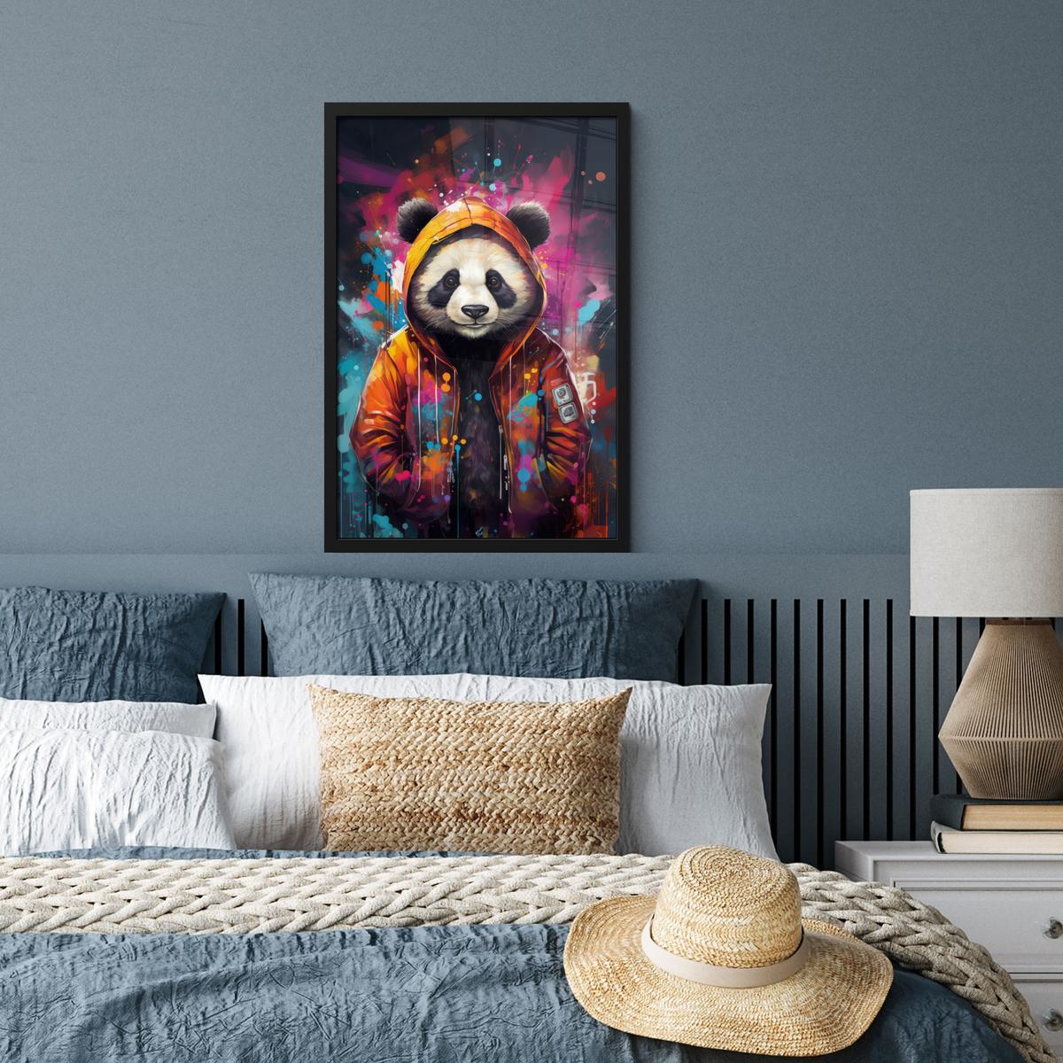 POSTER MIT RAHMEN Panda - Jacke - Graffiti - Orange Bilder mit Rahmen 40x60 cm - Orange, Papier (40/60cm) - MuchoWow