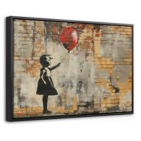 LEINWAND Bilder mit Rahmen - Graffiti - Banksy - Mädchen - Straßenkunst - 30x20 - Sandfarben, Textil (30/20cm) - MuchoWow