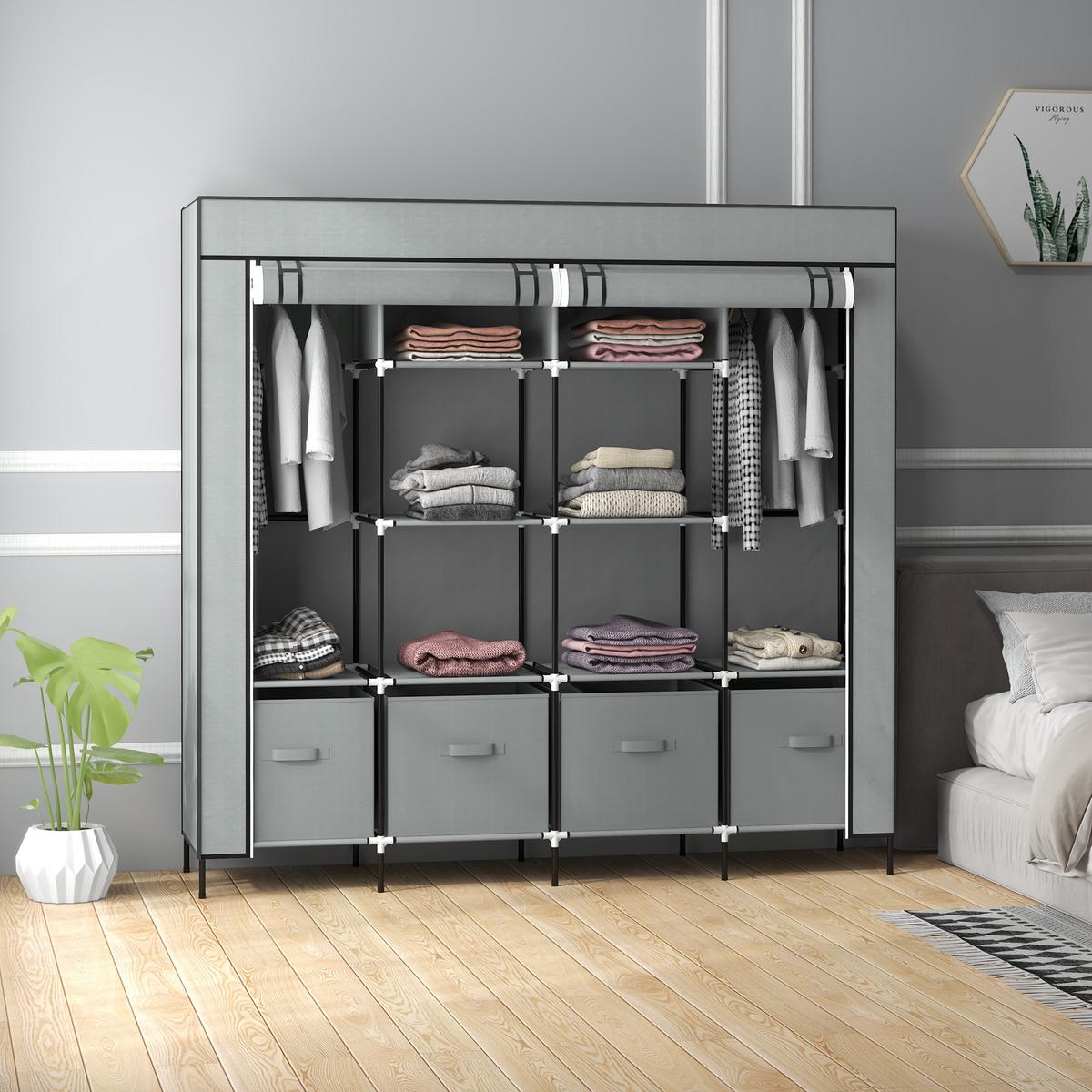 STOFFSCHRANK Kleiderschrank mit Kleiderstange, 10 Fächern, 4 Schubladen - Dunkelgrau, Textil/Metall (42.5/169.5/166cm) - HOMCOM