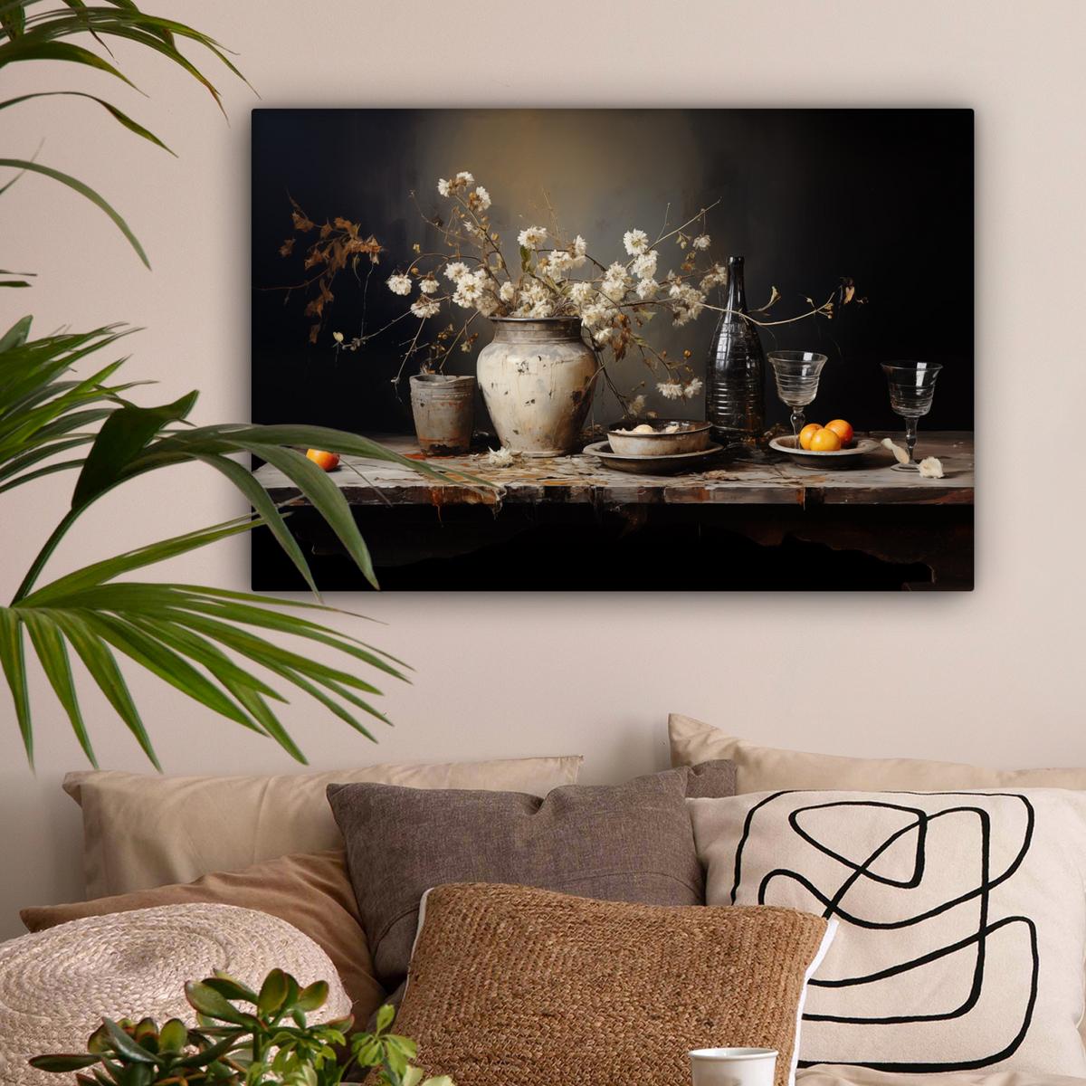 LEINWANDBILD Stilleben - Blumen - Blumenstrauß - Vase - Wein Gemälde 60x40 cm - Schwarz, Textil (60/40cm) - MuchoWow