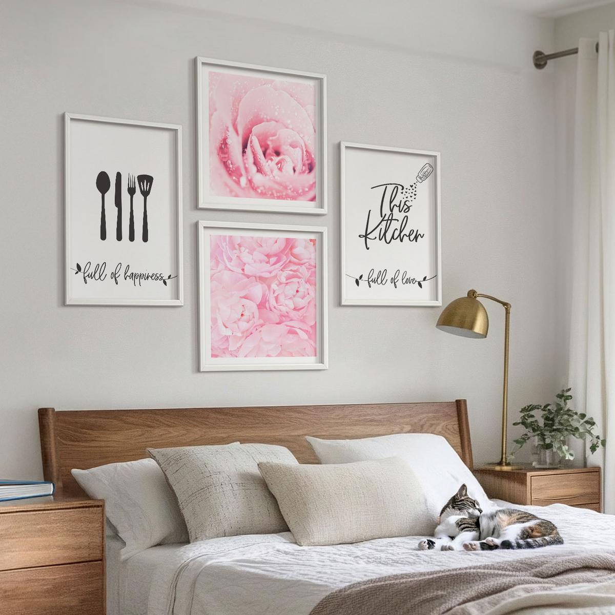BILDER SET 4er Set - 50x50 cm & 40x60 cm Weißer Rahmen - Zarte Rosenblüten für die Küche - Weiß, Kunststoff (50/50cm) - TULUP