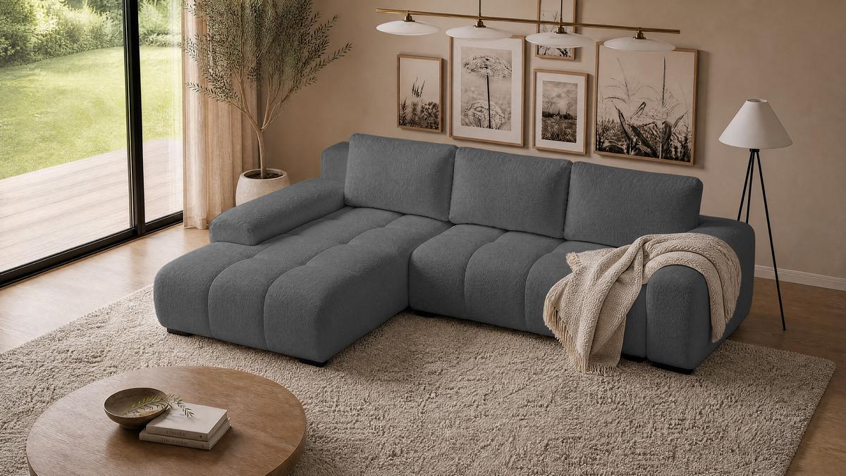 ECKSOFA Ovia mit Bettkasten und Schlaffunktion, Bouclé-Stoff in L-Form - Dunkelgrau, Textil (270/185cm)