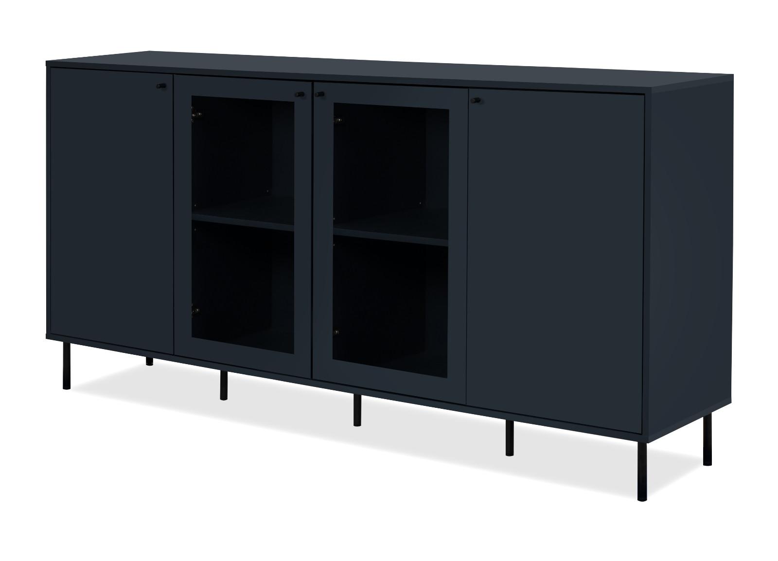 SIDEBOARD blau 180 cm, Kommode 4-türig mit viel Stauraum - Blau/Schwarz, Glas/Holzwerkstoff (180/90/40cm) - Furn.Design