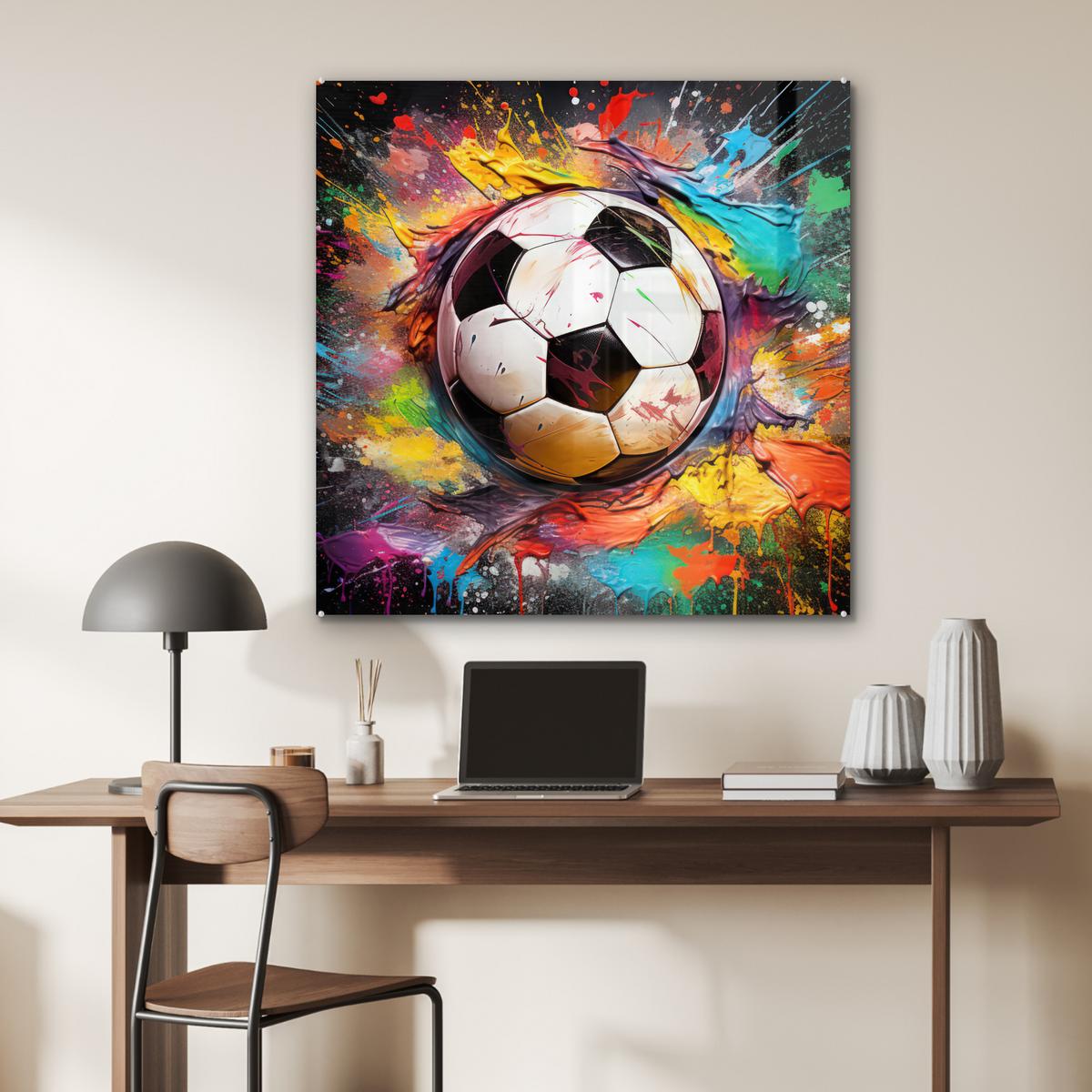 ACRYLGLASBILD Fußball - Farbe - Farben - Schwarz - Weiß 90x90 cm - Weiß, Glas (90/90cm) - MuchoWow