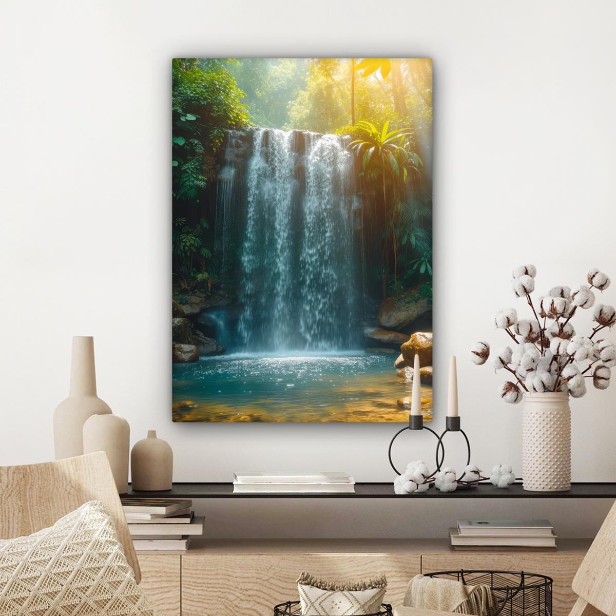 LEINWANDBILD Wasserfall - Dschungel - Sonne - Grün - Natur Wandbild Wohnzimmer 60x80 cm - Grün, Textil (60/80cm) - MuchoWow