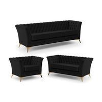 SITZGARNITUR 3+2+1 Chesterfield Whitby Schwarz Samt mit goldenen Füßen - Goldfarben/Schwarz, Holz/Textil (237/78/82cm) - S-Style Möbel