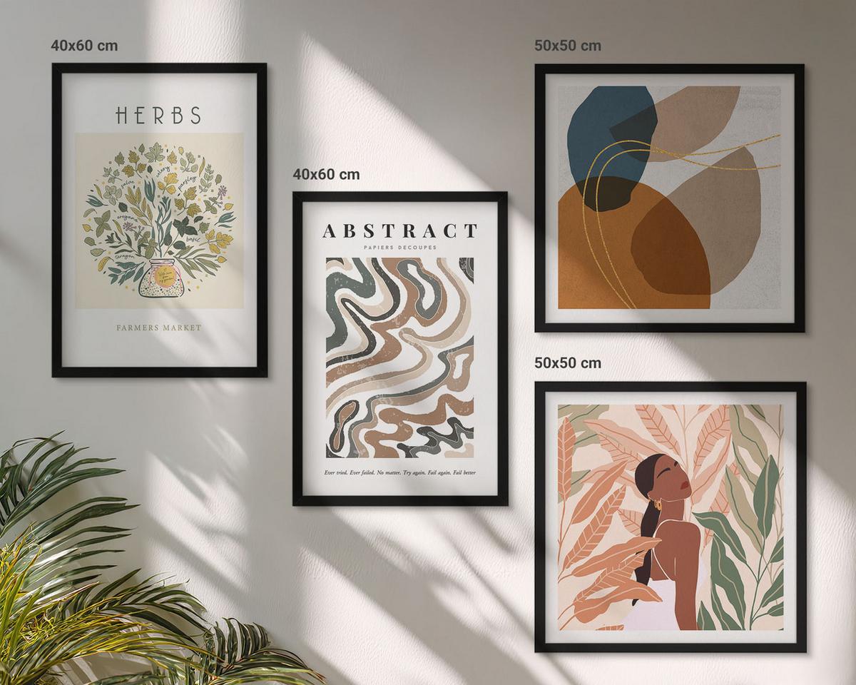 BILDER SET 4er Set - 50x50 cm & 40x60 cm Schwarzer Rahmen - Boho-Ästhetik, Pastellposter - Schwarz, Kunststoff (50/50cm) - TULUP